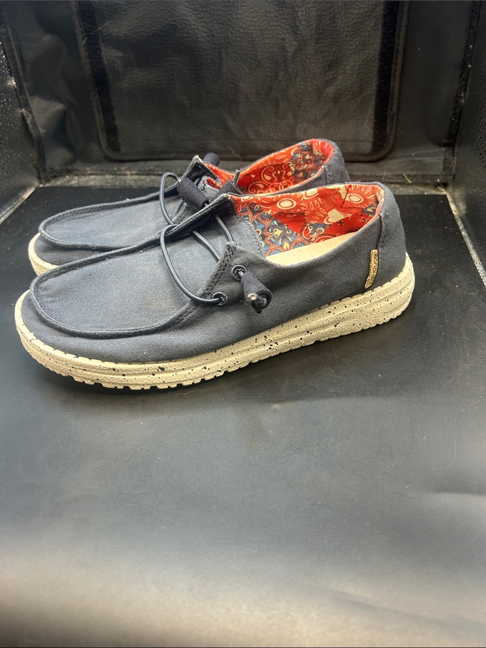 Hey Dude Navy Kids Slip-On Sneakers with Red Patterned Lining